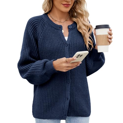 KANDEMY Damen Strickjacke Elegante Langarm Grobstrick Cardigan Pullover Casual Übergangsjacke Sweater Strickmantel Dunkelblau M von KANDEMY