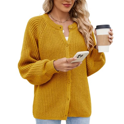 KANDEMY Damen Strickjacke Elegante Langarm Grobstrick Cardigan Pullover Casual Übergangsjacke Sweater Strickmantel Gelb XL von KANDEMY