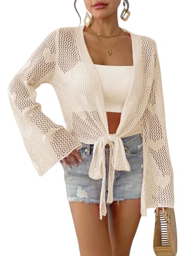 KANDEMY Damen Strickjacke Sommer Leichte Gestrickte Beach Cover Up Urlaub Cardigan Häkel Strandjacke Elegant Dünne Sommerjacke Aprikose Einheitsgröße von KANDEMY