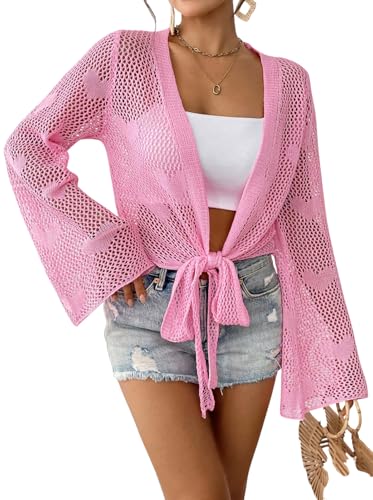 KANDEMY Damen Strickjacke Sommer Leichte Gestrickte Beach Cover Up Urlaub Cardigan Häkel Strandjacke Elegant Dünne Sommerjacke Rosa Einheitsgröße von KANDEMY