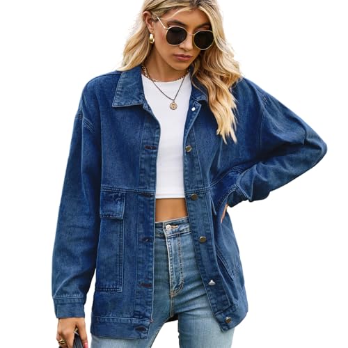 KANDEMY Damen Trendy Jeans Jacke Western Lose Denim Cardigan Übergangsjacke Freizeitjacke Frühling Oberbekleidung Dunkelblau M von KANDEMY