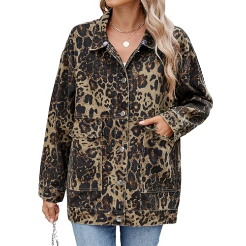 KANDEMY Damen Trendy Jeans Jacke Western Lose Denim Cardigan Übergangsjacke Freizeitjacke Frühling Oberbekleidung Leopard XL von KANDEMY