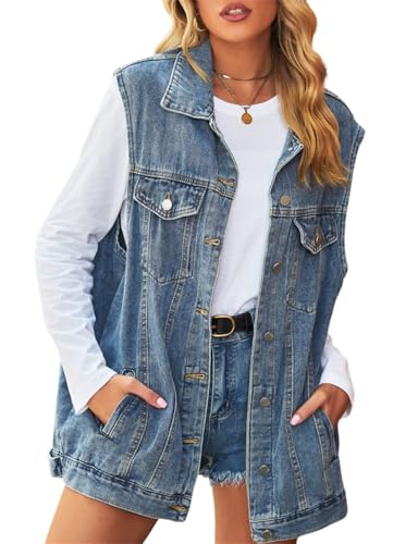 KANDEMY Damen Trendy Jeansweste Frühling Herbst Ärmellos Westen Oversized Boyfriend Freizeitjacken Outwear Blau XL von KANDEMY