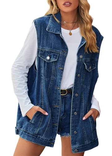 KANDEMY Damen Übergröße Jeansweste Frühling Herbst Ärmellos Westen Oversized Boyfriend Freizeitjacken Outwear Dunkelblau M von KANDEMY