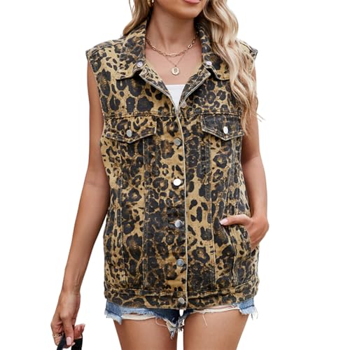 KANDEMY Damen Übergröße Jeansweste Frühling Herbst Ärmellos Westen Oversized Boyfriend Freizeitjacken Outwear Leopard XL von KANDEMY