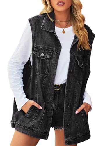 KANDEMY Damen Übergröße Jeansweste Frühling Herbst Ärmellos Westen Oversized Boyfriend Freizeitjacken Outwear Schwarz S von KANDEMY