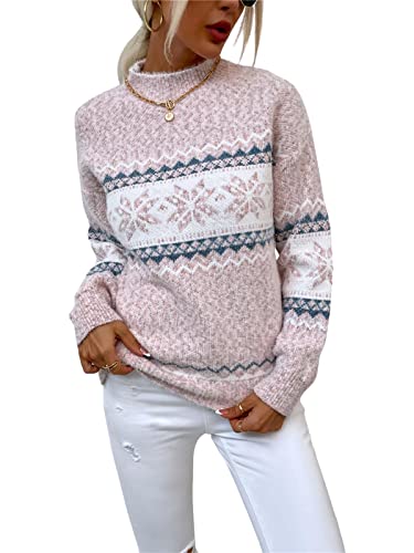 KANDEMY Damen Weihnachtspullover mit Stehkragen Christmas Pullover Warm Strickpullover mit Streifen Schneeflocken Winter Pullis für Frauen Oberteile Langarm Mode02-Pink L von KANDEMY