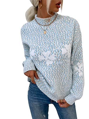 KANDEMY Damen Weihnachtspullover mit kleinem Stehkragen Christmas Pullover Warm Strickpullover mit Streifen Schneeflocken Winter Pullis für Frauen Oberteile Langarm Mode01-Blau S von KANDEMY