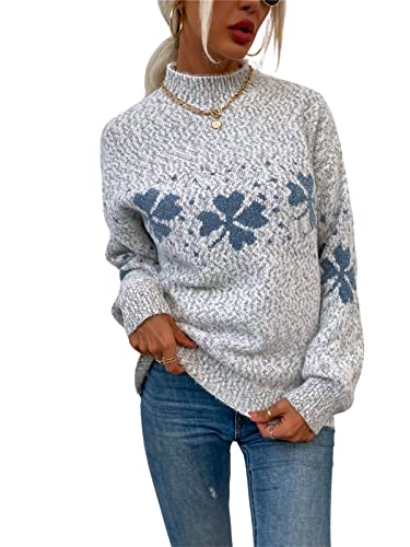 KANDEMY Damen Weihnachtspullover mit kleinem Stehkragen Christmas Pullover Warm Strickpullover mit Streifen Schneeflocken Winter Pullis für Frauen Oberteile Langarm Mode01-Grau M von KANDEMY