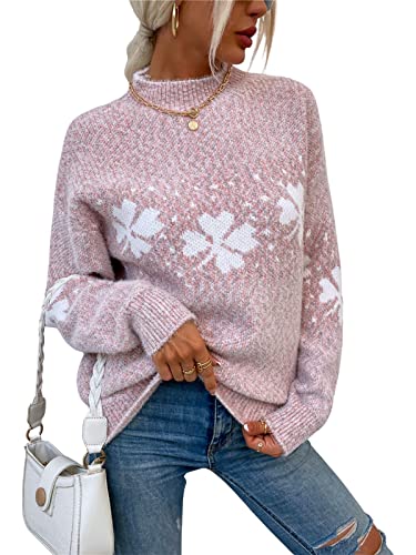 KANDEMY Damen Weihnachtspullover mit kleinem Stehkragen Christmas Pullover Warm Strickpullover mit Streifen Schneeflocken Winter Pullis für Frauen Oberteile Langarm Mode01-Pink S von KANDEMY