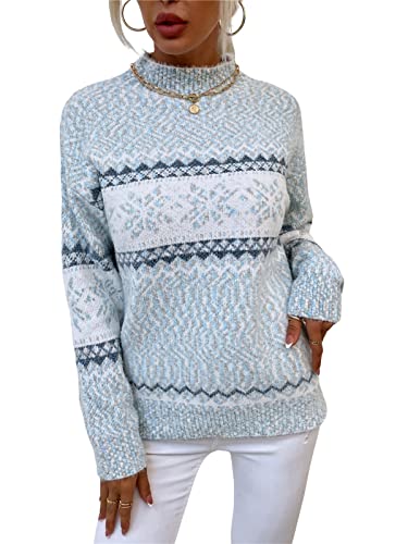 KANDEMY Damen Weihnachtspullover mit kleinem Stehkragen Christmas Pullover Warm Strickpullover mit Streifen Schneeflocken Winter Pullis für Frauen Oberteile Langarm Mode02-Blau M von KANDEMY