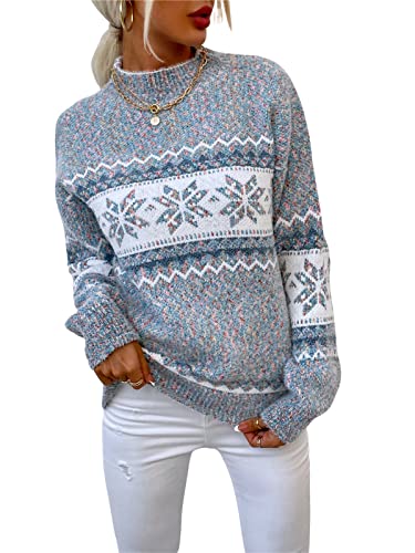 KANDEMY Damen Weihnachtspullover mit kleinem Stehkragen Christmas Pullover Warm Strickpullover mit Streifen Schneeflocken Winter Pullis für Frauen Oberteile Langarm Mode02-Dunkelgrau M von KANDEMY