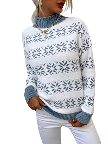 KANDEMY Damen Weihnachtspullover mit kleinem Stehkragen Christmas Pullover Warm Strickpullover mit Streifen Schneeflocken Winter Pullis für Frauen Oberteile Langarm Mode03-Blau M von KANDEMY