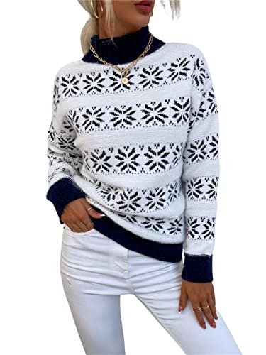 KANDEMY Damen Weihnachtspullover mit kleinem Stehkragen Christmas Pullover Warm Strickpullover mit Streifen Schneeflocken Winter Pullis für Frauen Oberteile Langarm Mode03-Dunkelblau M von KANDEMY