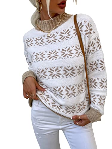 KANDEMY Damen Weihnachtspullover mit kleinem Stehkragen Christmas Pullover Warm Strickpullover mit Streifen Schneeflocken Winter Pullis für Frauen Oberteile Langarm Mode03-Khaki M von KANDEMY