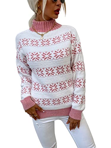 KANDEMY Damen Weihnachtspullover mit kleinem Stehkragen Christmas Pullover Warm Strickpullover mit Streifen Schneeflocken Winter Pullis für Frauen Oberteile Langarm Mode03-Pink M von KANDEMY