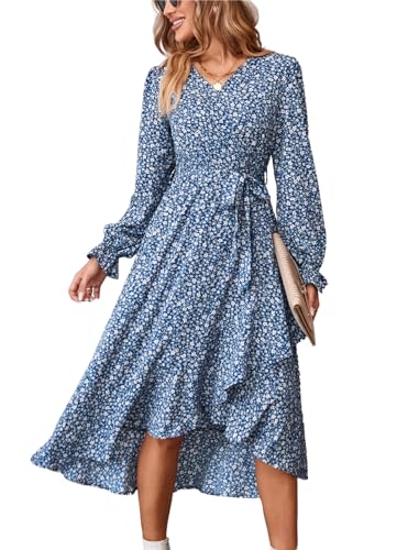 KANDEMY Kleider für Damen Langarm V-Ausschnitt Wickelkleid Rüschensaum Lange Freizeitkleider Frühling Strand Blumen Kleider Maxi Dress Blau S von KANDEMY