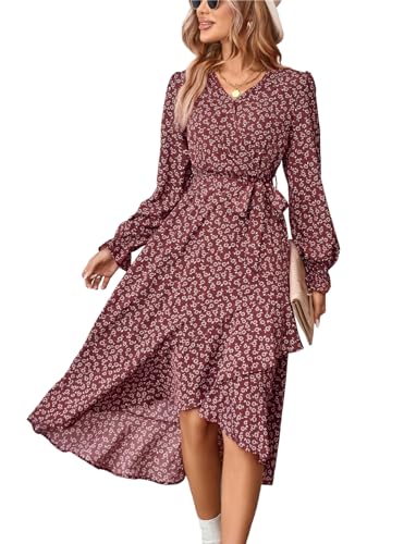 KANDEMY Kleider für Damen Langarm V-Ausschnitt Wickelkleid Rüschensaum Lange Freizeitkleider Frühling Strand Blumen Kleider Maxi Dress Rot 2XL von KANDEMY