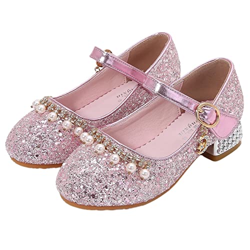 KANDEMY Mädchen Glitzer Stöckelschuhe Prinzessin Schuhe mit Absatz Perlen Festliche Pailletten Sandalen Kinder für Geburtstag Hochzeit Karneval Fasching Ball Party Pink 38 von KANDEMY