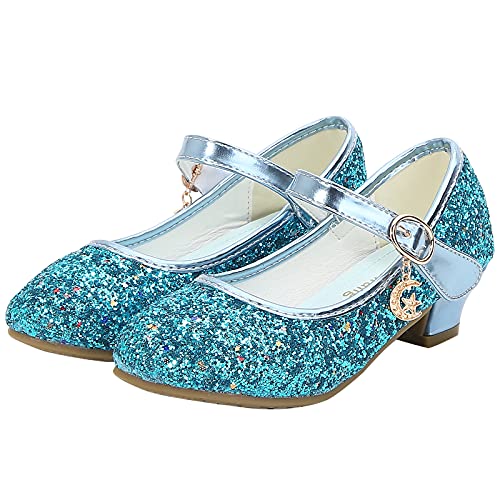 KANDEMY Mädchen Prinzessin Schuhe mit Absatz Festliche Glitzer Schuhe Kinder Stöckelschuhe für Geburtstag Hochzeit Halloween Karneval Fasching Ball Party Blau 28 von KANDEMY