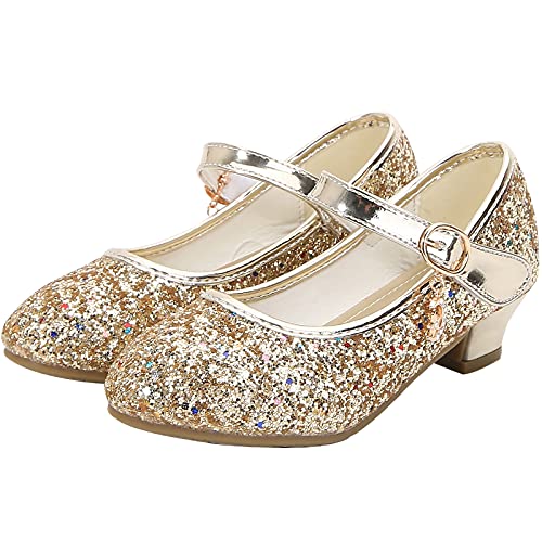 KANDEMY Mädchen Prinzessin Schuhe mit Absatz Festliche Glitzer Schuhe Kinder Stöckelschuhe für Geburtstag Hochzeit Halloween Karneval Fasching Ball Party Gold 36 von KANDEMY