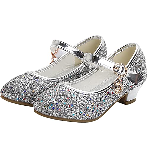 KANDEMY Mädchen Prinzessin Schuhe mit Absatz Festliche Glitzer Schuhe Kinder Stöckelschuhe für Geburtstag Hochzeit Halloween Karneval Fasching Ball Party Silber 27 von KANDEMY