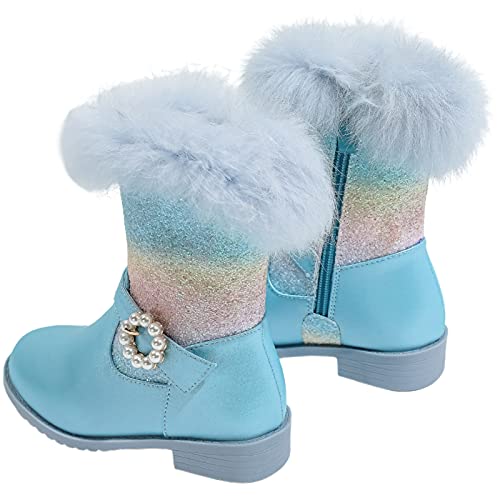 KANDEMY Mädchen Regenbogen Stiefeletten Boots Winterstiefel Warm Gefütterte Thermo Gummistiefel Kurzschaft Outdoor Schneestiefel mit Fell für Kinder Prinzessin Geburtstag Silvester Party Blau 29 von KANDEMY