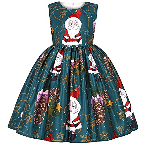 KANDEMY Mädchen Weihnachtskleid Weihnachten Festliche Kleider Knielang Abendkleid für Kinder Christmas Geschenk Party Kleider mit Weihnachtsmann Druck Dunkelgrün 110 von KANDEMY