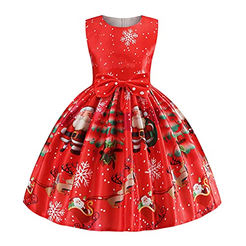 KANDEMY Mädchen Weihnachtskleid Weihnachten Festliche Kleider Knielang Abendkleid für Kinder Christmas Geschenk Party Kleider mit Weihnachtsmann Druck Rot 100 von KANDEMY