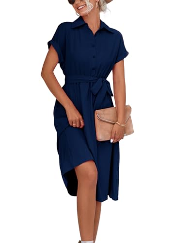 KANDEMY Sommerkleid Damen Einfarbig Blusenkleid mit Knöpfe Freizeitkleid Lange Sommer Kleider V-Ausschnitt Kurzarm Elegant Midikleid mit Gürtel Blau M von KANDEMY