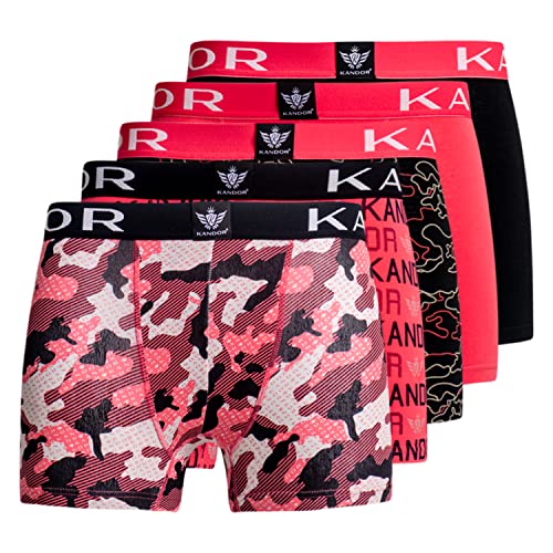 KANDOR Baumwoll Boxershorts Herren – 5er Pack, Bunte, Unterhosen für Männer Set, Dehnbare Herren-Unterwäsche aus weiche Baumwolle, Slipboxer mit Gummibund, Teaberry Black, M von KANDOR