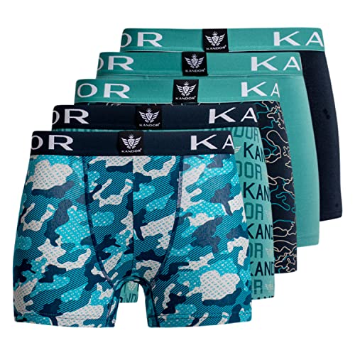 KANDOR Baumwoll Boxershorts Herren – 5er Pack, Bunte, Unterhosen für Männer Set, Dehnbare Herren-Unterwäsche aus weiche Baumwolle, Slipboxer mit Gummibund, Blaugrün/Beere, M von KANDOR