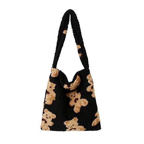 flauschige Handtaschen Umhängetaschen lässige Plüsch-Bärendruck-All-Match-Einkaufstasche mit einer Schulter Plüschhandtaschen KANUBI Umhängetaschen Clutches Handtaschen