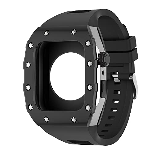 KANUZ 44 mm 45 mm Modifikationsset für iWatch Serie 7, 6, 5, 4 SE, Metallgehäuse, Silikonband für Apple Watch, Gummiband, Stoßfängerabdeckung (Farbe: B-SS-B, Größe: 45 mm) von KANUZ