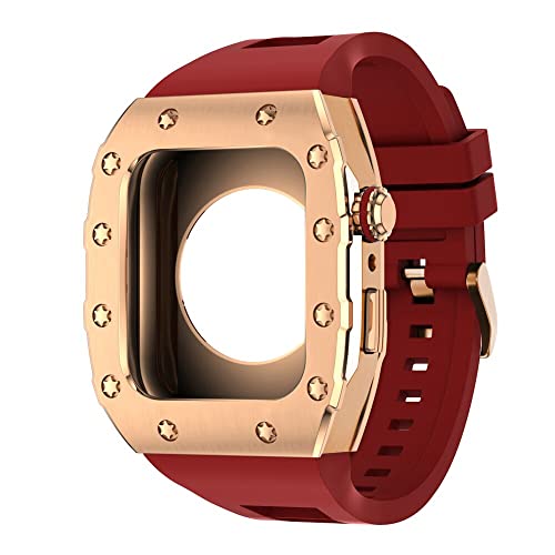 KANUZ 44 mm 45 mm Modifikationsset für iWatch Serie 7, 6, 5, 4 SE, Metallgehäuse, Silikonband für Apple Watch, Gummiband, Stoßfängerabdeckung (Farbe: RG-RG-R, Größe: 45 mm) von KANUZ