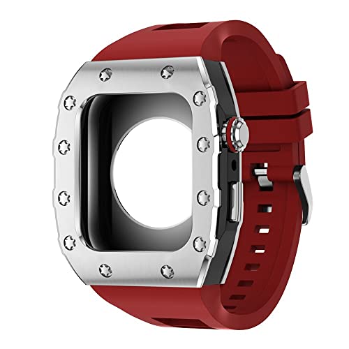 KANUZ 44 mm 45 mm Modifikationsset für iWatch Serie 7, 6, 5, 4 SE, Metallgehäuse, Silikonband für Apple Watch, Gummiband, Stoßfängerabdeckung (Farbe: S-BB-R, Größe: 44 mm) von KANUZ