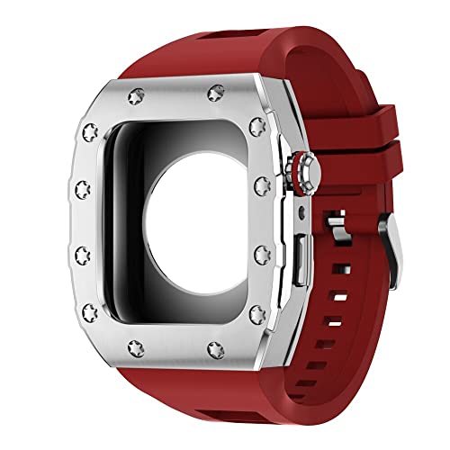 KANUZ 44 mm 45 mm Modifikationsset für iWatch Serie 7, 6, 5, 4 SE, Metallgehäuse, Silikonband für Apple Watch, Gummiband, Stoßfängerabdeckung (Farbe: S-SS-R, Größe: 44 mm) von KANUZ