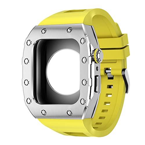 KANUZ 44 mm 45 mm Modifikationsset für iWatch Serie 7, 6, 5, 4 SE, Metallgehäuse, Silikonband für Apple Watch, Gummiband, Stoßfängerabdeckung (Farbe: S-SS-Y, Größe: 45 mm) von KANUZ