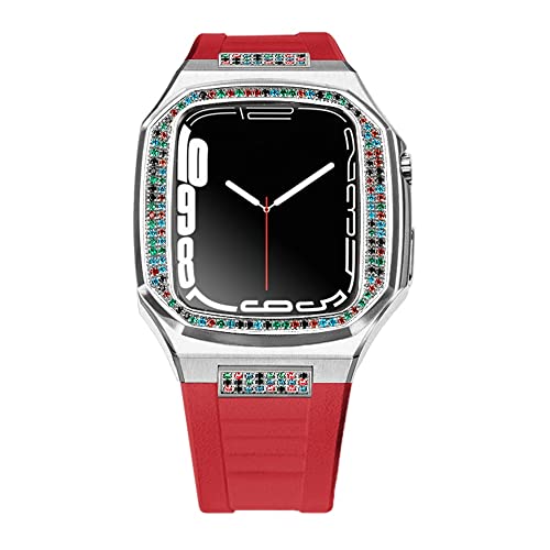 KANUZ Diamant-Modifikationsset für Apple Watch, 44 mm, 45 mm, Edelstahl, Mod-Kit, Metallgehäuse und Gummiband für iWatch SE 6, 7, 8 Correa (Farbe: Rot, Silber 2, Größe: 45 mm) von KANUZ