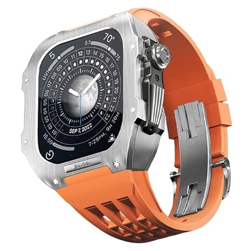 KANUZ Edelstahl-Gehäuse-Nachrüst-Set für Apple Watch 44 mm/45 mm, Ersatzarmband, luxuriöses Gummiband und Gehäuseset für iWatch Serie 8, 7, 6, SE, 5, 4, Serie, Upgrade, DIY (Farbe: Orange, Größe: 45 von KANUZ
