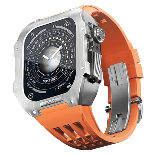 KANUZ Edelstahl-Gehäuse-Nachrüst-Set für Apple Watch 44 mm/45 mm, Ersatzarmband, luxuriöses Gummiband und Gehäuseset für iWatch Serie 8, 7, 6, SE, 5, 4, Serie, Upgrade, DIY (Farbe: Orange, Größe: 44 von KANUZ