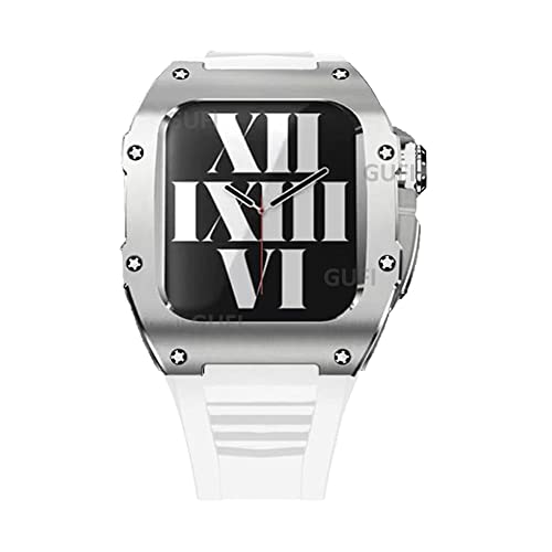 KANUZ Edelstahl-Gummi-Gehäuseband für die iWatch-Serie 44 mm 45 mm, Herren-Metall-Modifikationsset für Apple Watch Band 7, 6, 5, 4, 44 mm, 45 mm (Farbe: Silberweiß, Größe: 45 mm für 7) von KANUZ