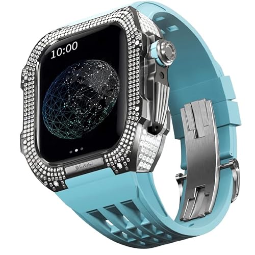 KANUZ Edles Titangehäuse und Gummiband, kompatibel mit Apple Watch 45 mm, Lünette aus Titanlegierung und Fluorkautschuk-Band für iWatch Serie 8, 7, 45 mm Umbauset (Farbe: Blau 5, Größe: 45 mm) von KANUZ