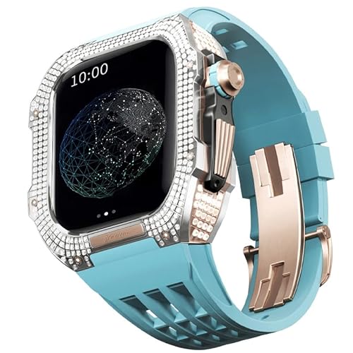 KANUZ Edles Titangehäuse und Gummiband, kompatibel mit Apple Watch 45 mm, Lünette aus Titanlegierung und Fluorkautschuk-Band für iWatch Serie 8, 7, 45 mm Umbauset (Farbe: Blau 65, Größe: 45 mm) von KANUZ