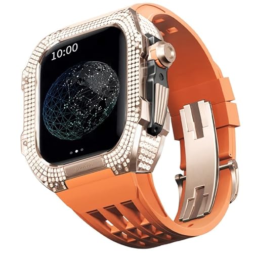KANUZ Edles Titangehäuse und Gummiband, kompatibel mit Apple Watch 45 mm, Lünette aus Titanlegierung und Fluorkautschuk-Band für iWatch Serie 8, 7, 45 mm Umbauset (Farbe: Orange 2, Größe: 45 mm) von KANUZ