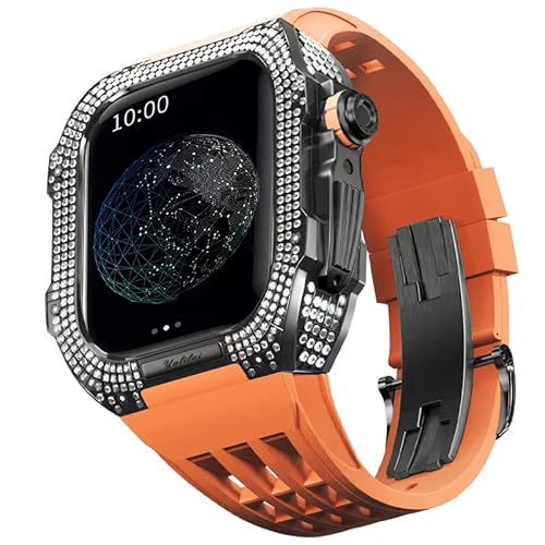 KANUZ Edles Titangehäuse und Gummiband, kompatibel mit Apple Watch 45 mm, Lünette aus Titanlegierung und Fluorkautschuk-Band für iWatch Serie 8, 7, 45 mm Umbauset (Farbe: Orange 3, Größe: 45 mm) von KANUZ
