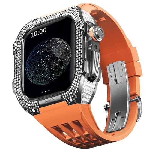 KANUZ Edles Titangehäuse und Gummiband, kompatibel mit Apple Watch 45 mm, Lünette aus Titanlegierung und Fluorkautschuk-Band für iWatch Serie 8, 7, 45 mm Umbauset (Farbe: Orange 5, Größe: 45 mm) von KANUZ