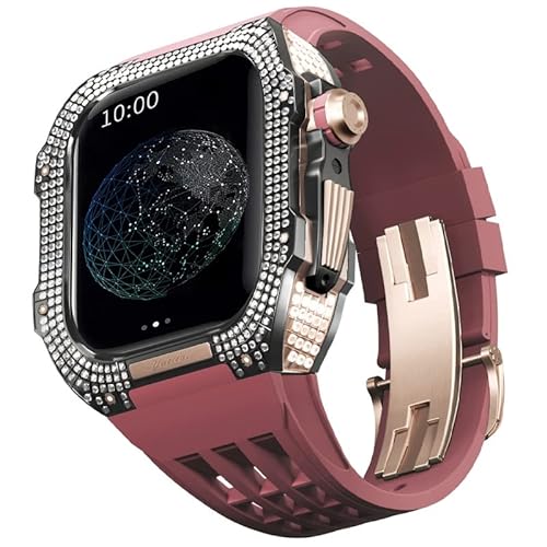KANUZ Edles Titangehäuse und Gummiband, kompatibel mit Apple Watch 45 mm, Lünette aus Titanlegierung und Fluorkautschuk-Band für iWatch Serie 8, 7, 45 mm Umbauset (Farbe: dunkelrot 7, Größe: 45 mm) von KANUZ