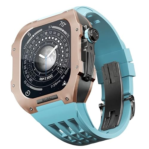 KANUZ Gummiband, Titan-Lünette für Apple Watch 6/5/4/SE, Apple Mod Watch, Zubehör, Ersatz-Titan, Luxus-Gehäuse, kompatibel mit iWatch Serie 44 mm mit Werkzeug (Farbe: Blau 2, Größe: 44 mm) von KANUZ