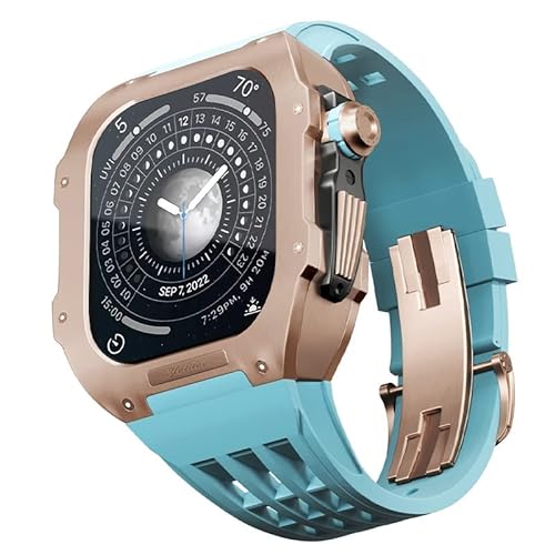 KANUZ Gummiband, Titan-Lünette für Apple Watch 6/5/4/SE, Apple Mod Watch, Zubehör, Ersatz-Titan, Luxus-Gehäuse, kompatibel mit iWatch Serie 44 mm mit Werkzeug (Farbe: Blau 5, Größe: 44 mm) von KANUZ
